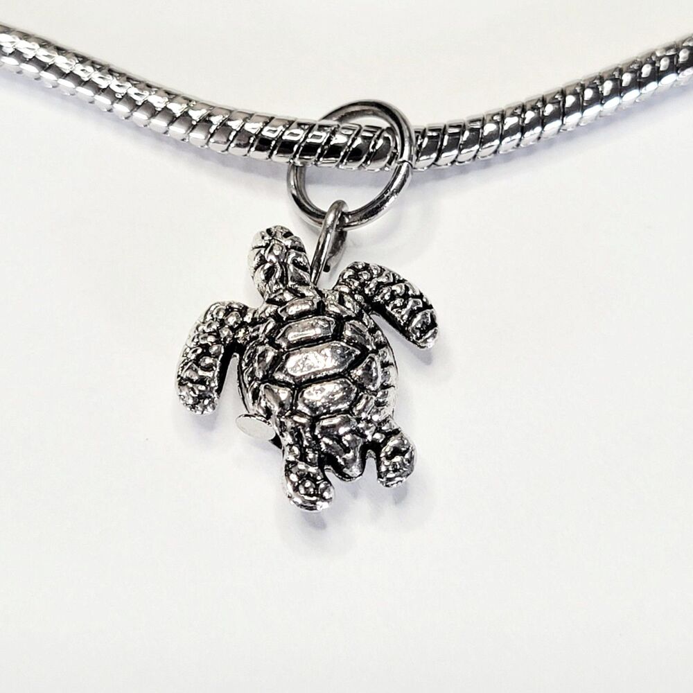 Vintage Large Antiqued Silver Turtle Dangle Pendant For Pandora Charm Bracelets